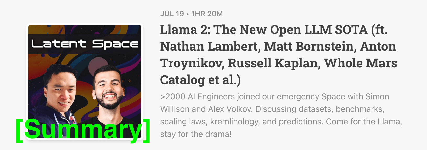 Latent Space Podcast 7/19/23 [Summary] - Llama 2: The New Open LLM SOTA (ft. Nathan Lambert, Matt Bornstein, Anton Troynikov, Russell Kaplan, Whole Mars Catalog et al.)